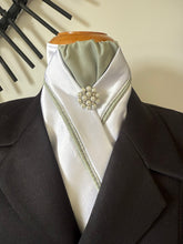 HHD White Satin Dressage Equestrian Stock Tie Olive Green and Silver