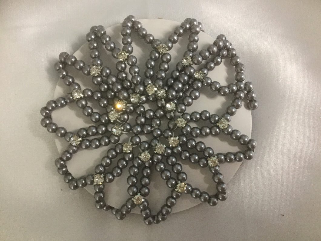 Grey Beaded Pearl & Rhinestone Hair Snood Bun Cover