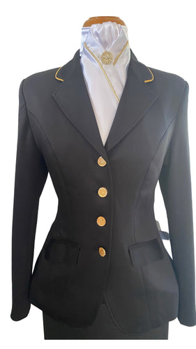 HHD Show Riding Dressage Stretch Jacket Navy Blue or Black with Gold