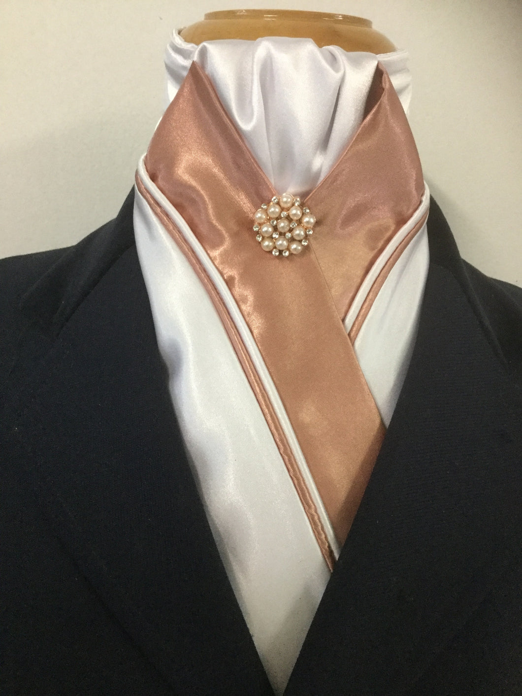HHD ‘Grace’ Custom White & Rose Gold Dressage Stock Tie with a Pearl Rhinestone Pin