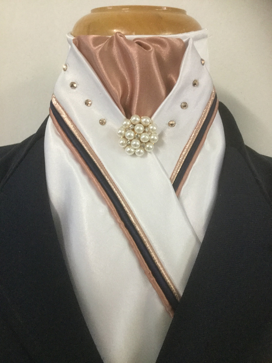 HHD Custom White Satin Stock Tie with Swarovski Elements Triple Piping Rose Gold & Navy