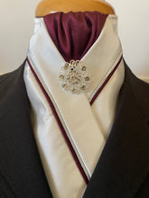 HHD White or Cream Satin Dressage Stock Tie In Burgundy & Silver Rhinestone Pin