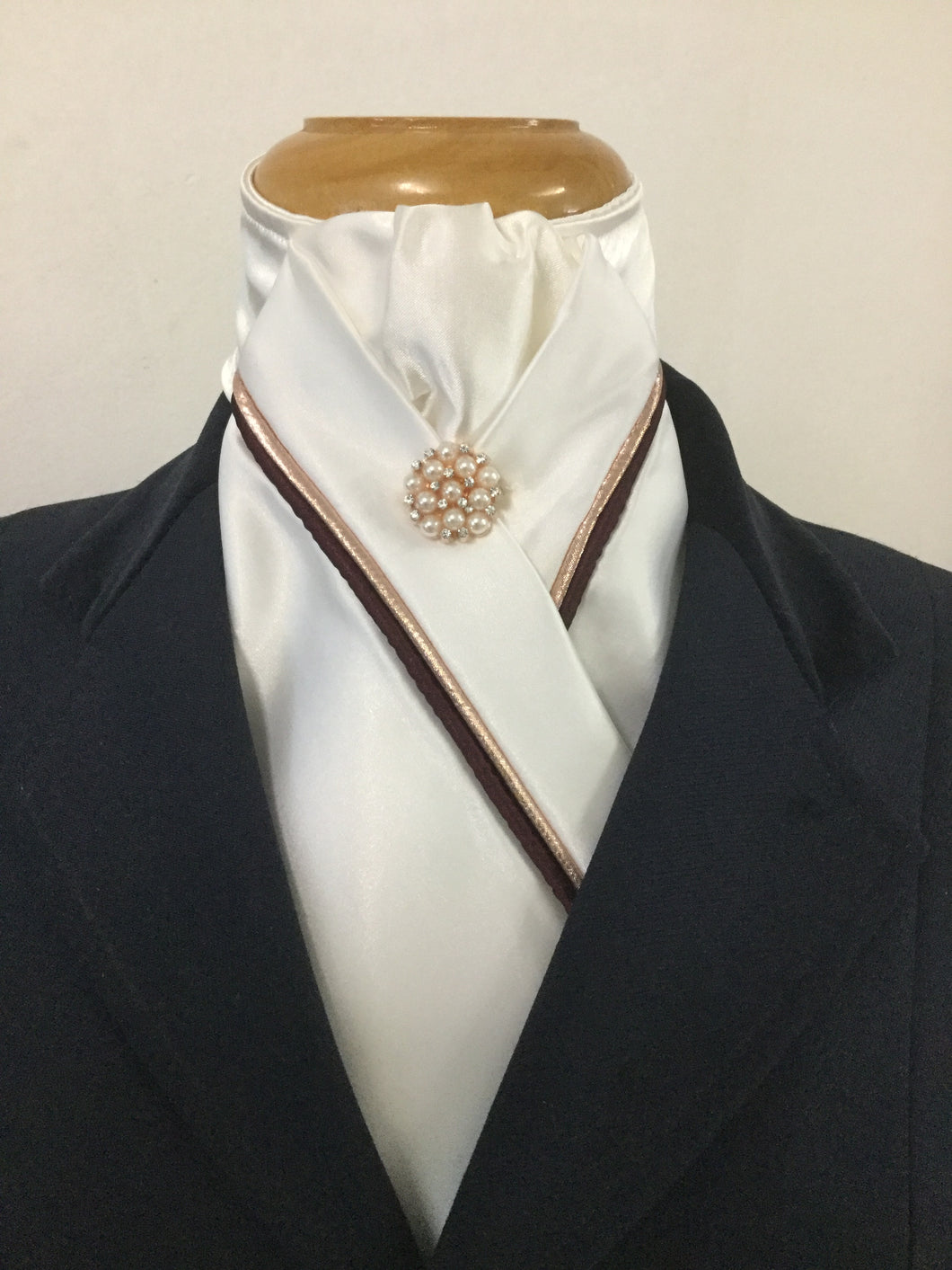 HHD Ivory Satin Stock Tie Rose Gold & Burgundy Pearl Rhinestone Pin