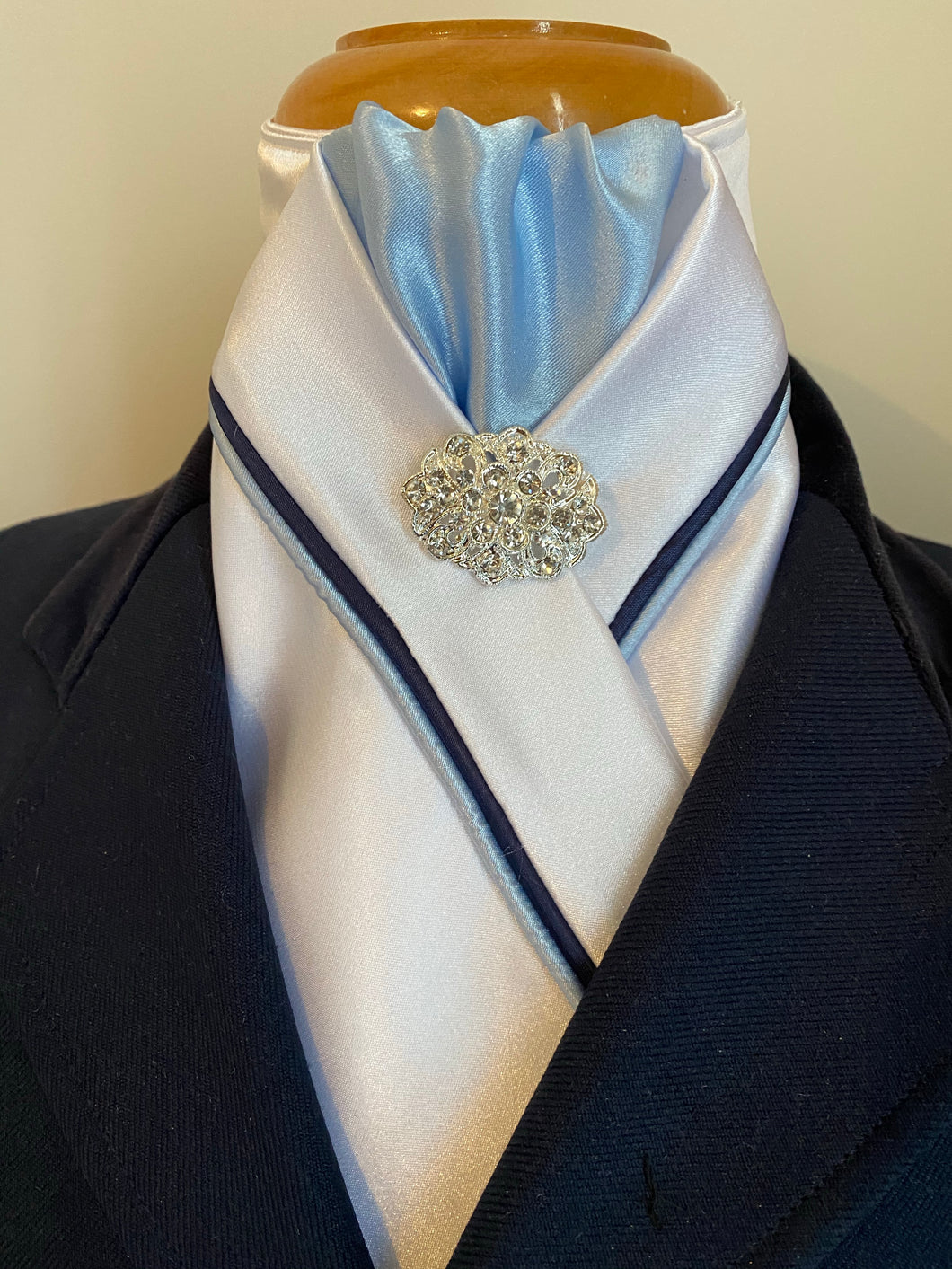 HHD White Custom Pretied Dressage Stock Tie Navy and Light Blue