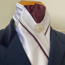 HHD White or Cream Satin Dressage Stock Tie In Burgundy & Silver Rhinestone Pin