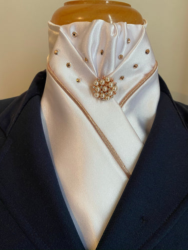 HHD White Satin Dressage Stock Tie in Rose Gold with Swarovski