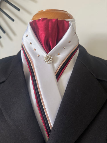 HHD White Satin Dressage Stock Tie Triple Piping Black, rose Gold Maroon with Swarovski Crystals