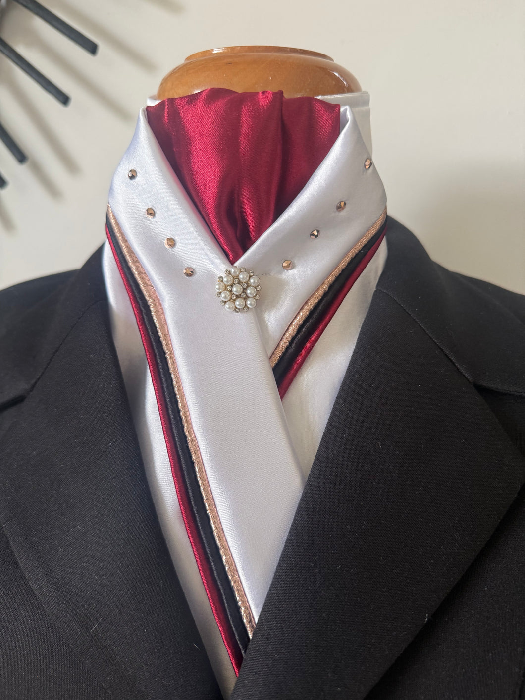 HHD White Satin Dressage Stock Tie Triple Piping Black, rose Gold Maroon with Swarovski Crystals