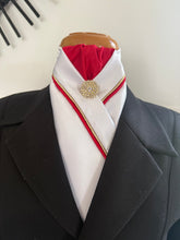 HHD Custom White Dressage Pre Tied Stock Tie Red & Gold Rhinestone Pin