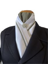 HHD White Equestrian Dressage Stock Tie in Silver & Olive Sage Green