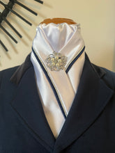 HHD Custom White Satin Pretied Dressage Stock Tie Silver & Navy Blue