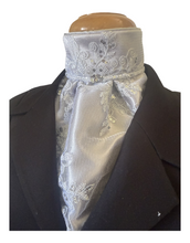 HHD Dressage Equestrian Euro Stock Tie ‘Rosalea’ in Silver Embroidered Lace with Sequins