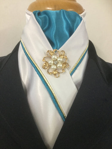 HHD White Satin Dressage Stock Tie Aqua & Gold