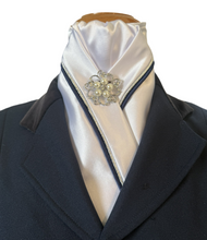 HHD Custom White Satin Pretied Dressage Stock Tie Silver & Navy Blue