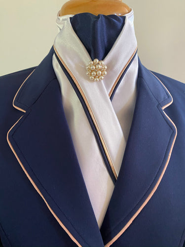 HHD White Satin Dressage Stock Tie Navy Blue & Rose Gold