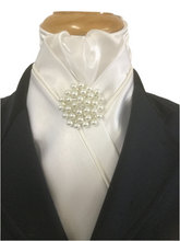 HHD Custom White & Ivory Satin Stock Tie with a Stunning Pearl Rhinestone Pin