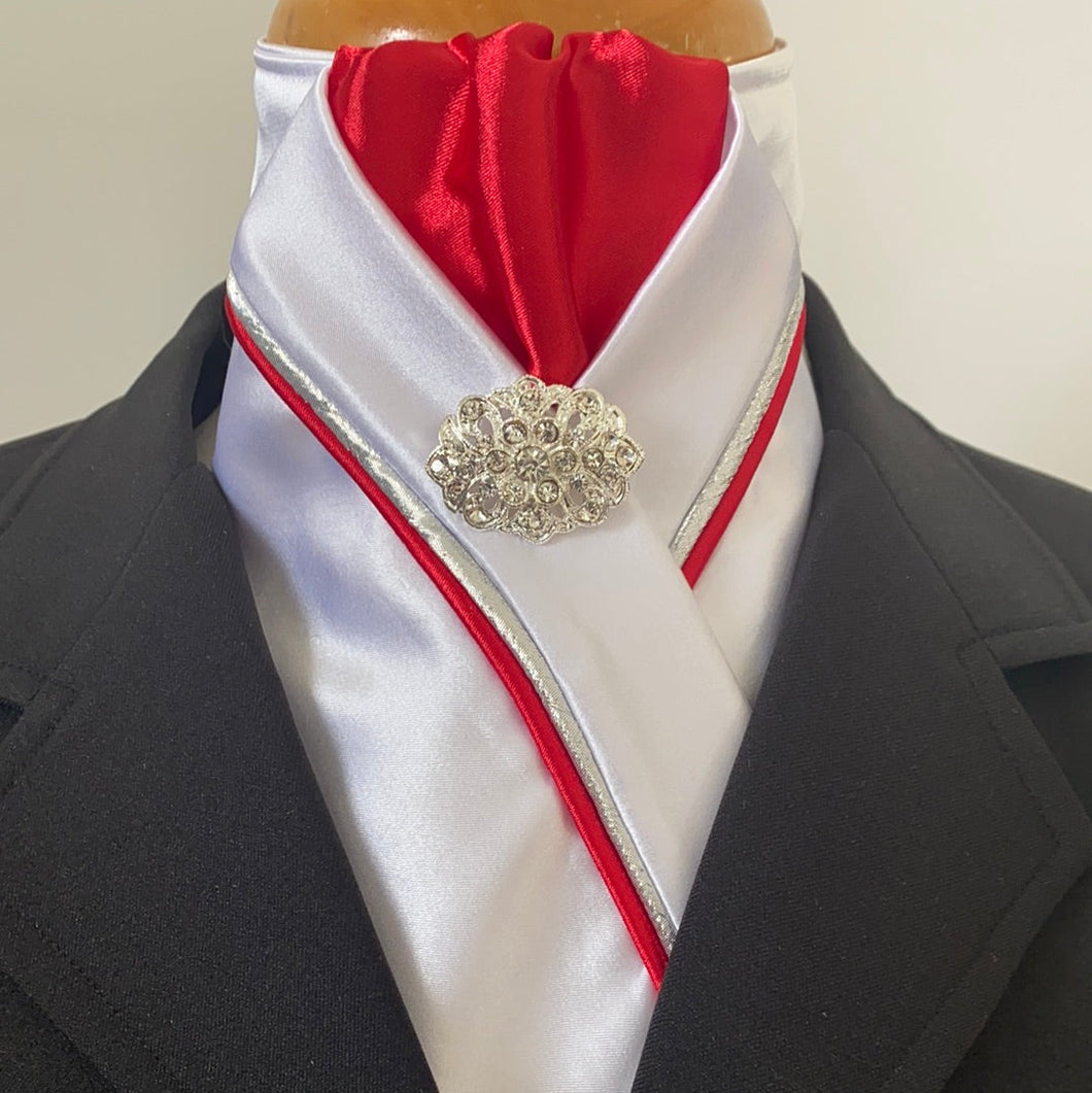 HHD White Satin Dressage Stock Tie Red & Silver