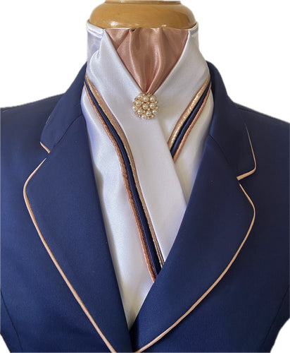 HHD Custom White Satin Stock Tie Triple Piping Rose Gold & Navy