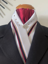 HHD White Satin Dressage Stock Tie Triple Piping Black, rose Gold Maroon with Swarovski Crystals