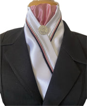 HHD White Satin Custom Equestrian Stock Tie Triple Piping in Black Silver and Rose Pink