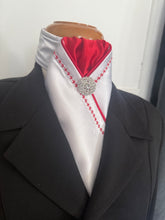 HHD White Satin Pretied Stock Tie Embroidered in Red