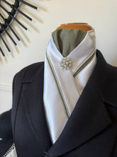 HHD White Equestrian Dressage Stock Tie in Silver & Olive Sage Green