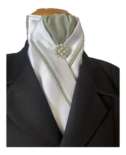 HHD White Satin Dressage Equestrian Stock Tie Olive Green and Silver