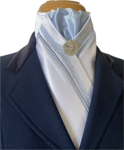 HHD White Satin Pretied Dressage Stock Tie Chain Embroidered Sky Blue