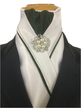 HHD White Satin Pretied Dressage Stock Tie Bottle Green & Silver