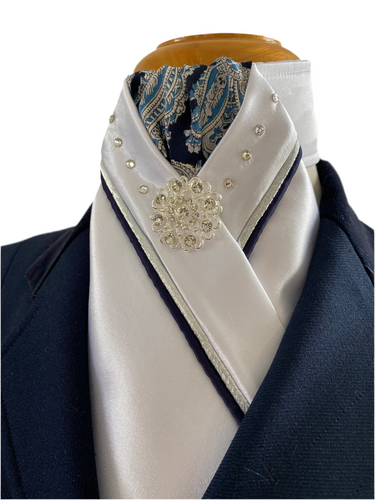 HHD White Satin Custom Stock Tie Navy Paisley & Silver with Swarovski Elements
