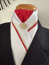 HHD Custom White Dressage Pre Tied Stock Tie Red & Gold Rhinestone Pin