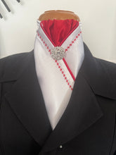 HHD White Satin Pretied Stock Tie Embroidered in Red