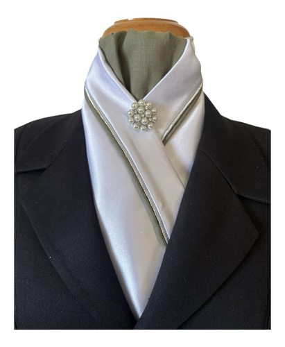 HHD White Equestrian Dressage Stock Tie in Silver & Olive Sage Green