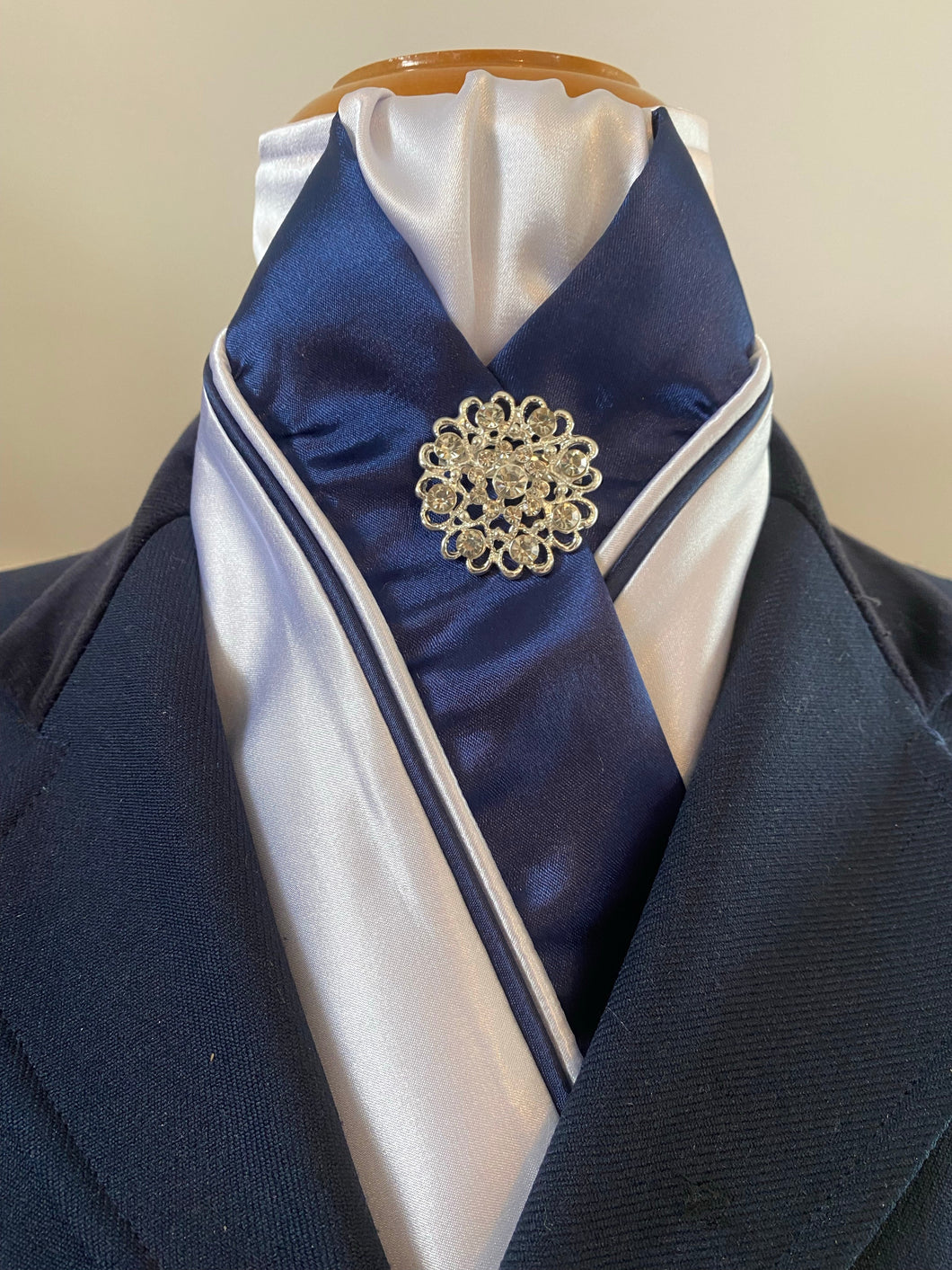 HHD ‘Grace’ Custom White & Navy Dressage Stock Tie Rhinestone Pin