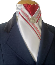 HHD White Satin Dressage Pretied Stock Tie Red Chain Embroidered