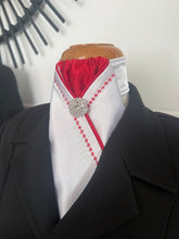 HHD White Satin Pretied Stock Tie Embroidered in Red