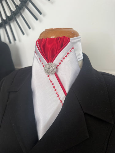 HHD White Satin Pretied Stock Tie Embroidered in Red