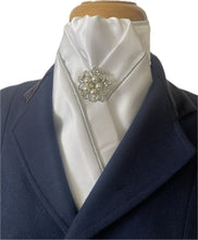 HHD Ivory Satin Dressage Stock Tie ‘Sari’ Silver Piping & Pearl Rhinestone Stock Pin