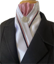HHD White Satin Custom Equestrian Stock Tie Triple Piping in Black Silver and Rose Pink