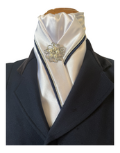 HHD Custom White Satin Pretied Dressage Stock Tie Silver & Navy Blue