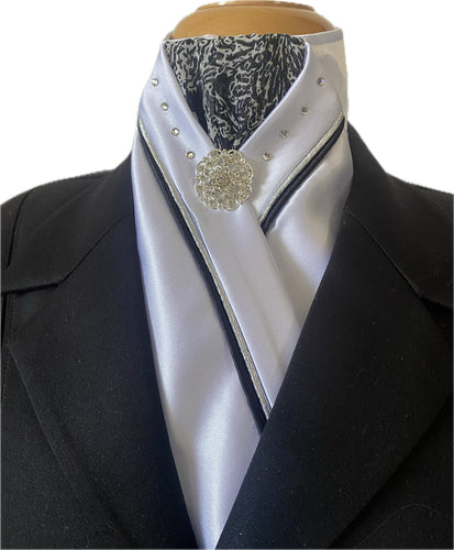 HHD Dressage Equestrian White Satin Stock Tie Black & White Paisley with Swarovski