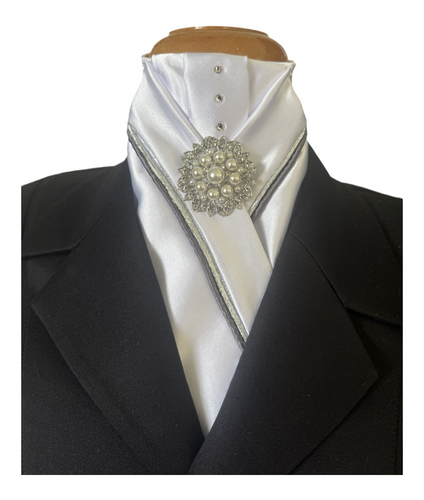 HHD White Satin Dressage Stock Tie Anna in Grey & Silver