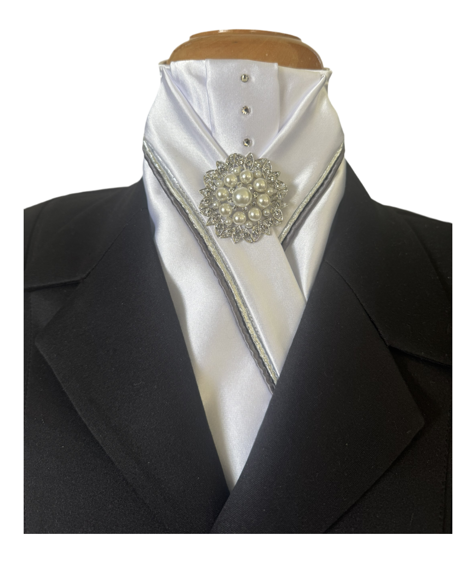 HHD White Satin Dressage Stock Tie Anna in Grey & Silver