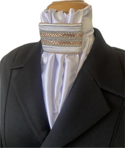 HHD Equestrian White Satin Euro Dressage Stock Tie ‘Nancy’ in Rose Gold