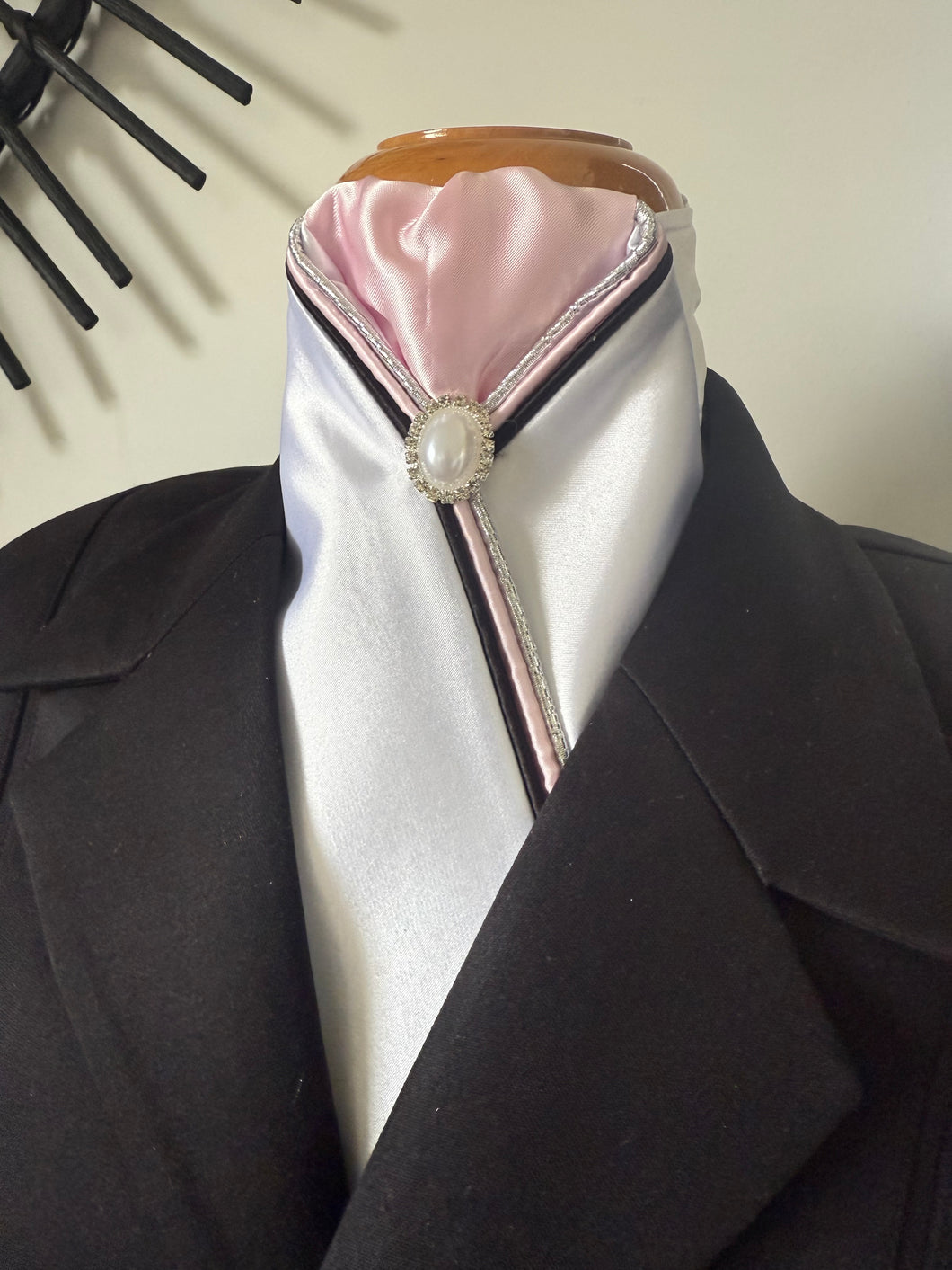HHD White Dressage Stock Tie in Silver, Baby Pink and Black