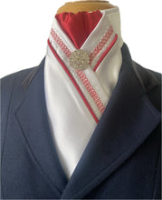 HHD White Satin Dressage Pretied Stock Tie Red Chain Embroidered
