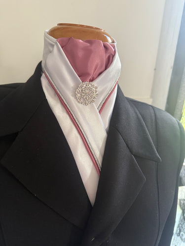 HHD White Satin Dressage Stock Tie Rose Pink and Silver