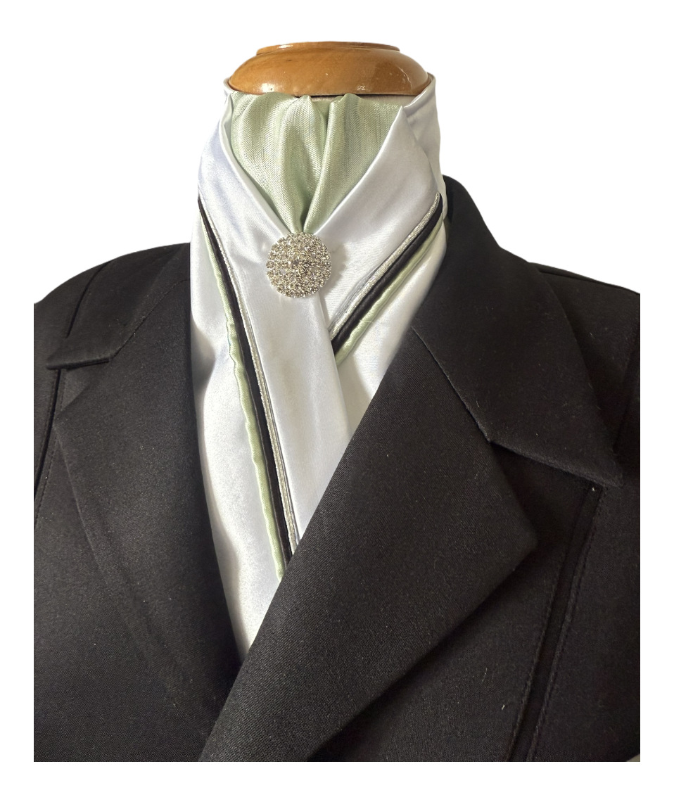 HHD Dressage Stock Tie in White & Triple Piping in Silver Mint Green & Navy