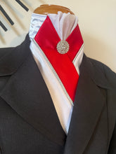 HHD ‘Grace’ White Custom Stock Tie, Red, Silver Piping Rhinestone Pin