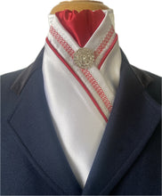 HHD White Satin Dressage Pretied Stock Tie Red Chain Embroidered